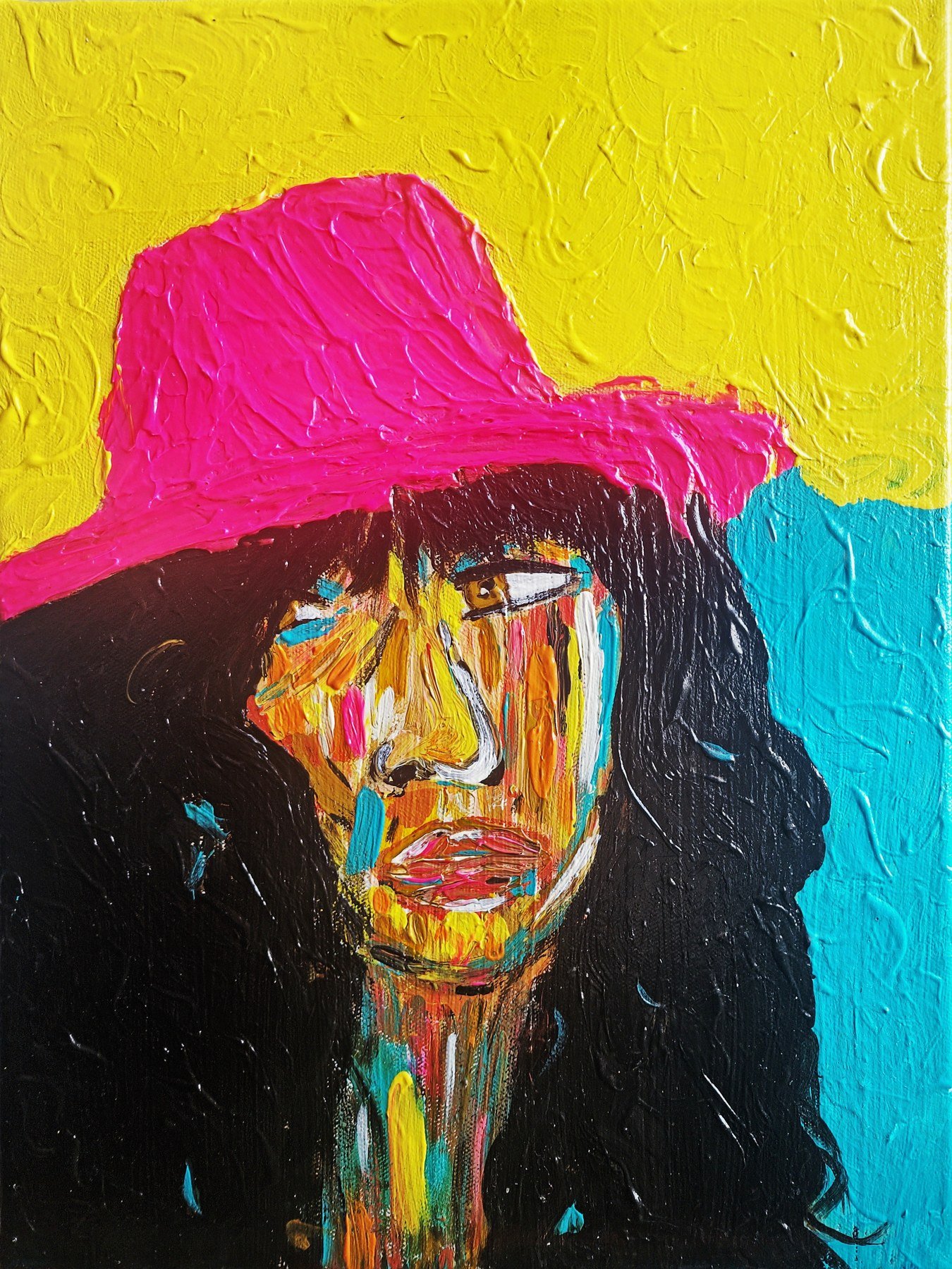 Color portrait with a Pink Hat, peinture originale de Venice Voisin